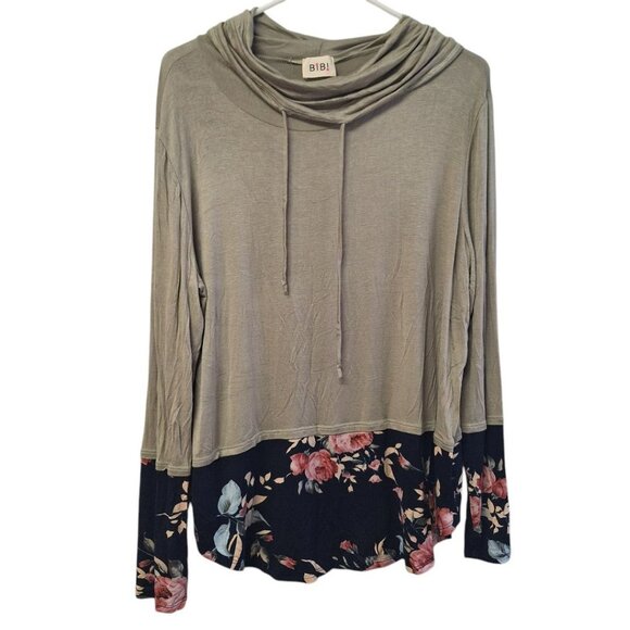 BiBi Long Sleeve Cowl Neck Shirt Lightweight Soft Green Floral Womens Medium - Picture 1 of 6